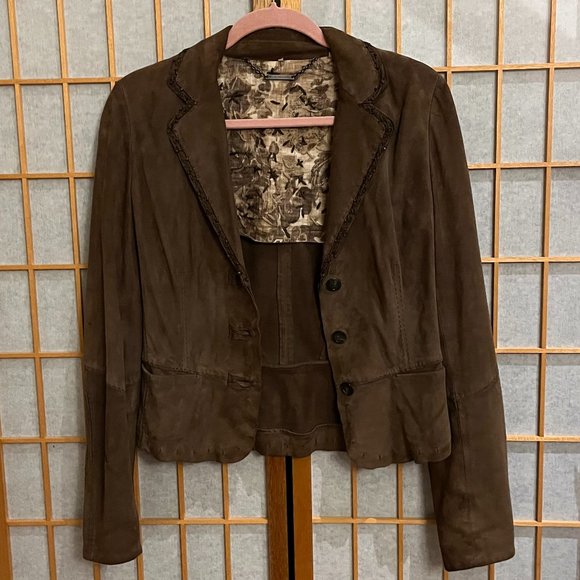 Light Brown Elie Tahari Womens Petite Small Sueded Leather Jacket with Bead Trim - Picture 2 of 7
